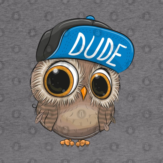 Cute little owl with big eyes and a cap with the inscription Dude by Reginast777